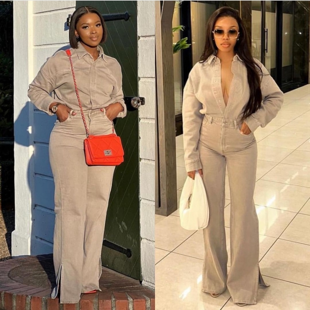 Zara LONG DENIM JUMPSUIT Taupe - Picture 4 of 11